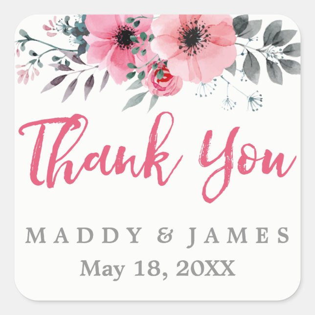 Sticker Carré Photos Florales Aquarelle Mariage Merci (Devant)