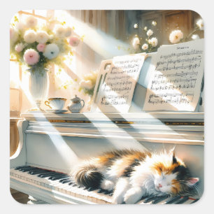 Sticker Carré Piano de Cottage Ensoleillé Rêve de Chat