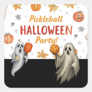 Sticker Carré Pickleball Halloween Party avec paddle et balle