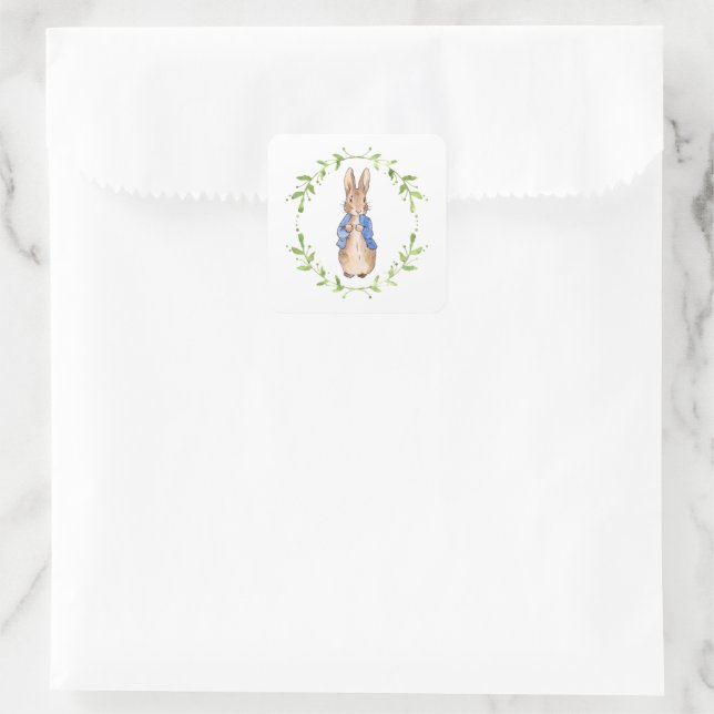 Sticker Carré Pierre le lapin avec la feuille verte Wreath (Sac)