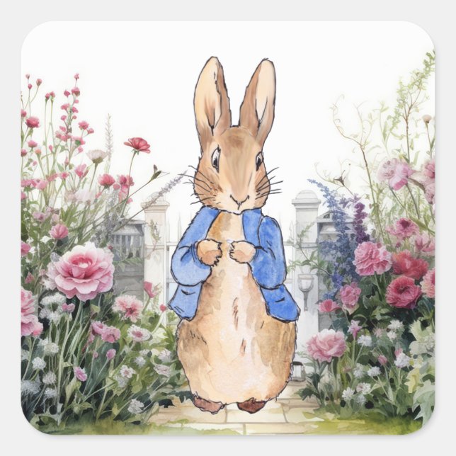 Sticker Carré Pierre le lapin dans son jardin No 2 (Devant)