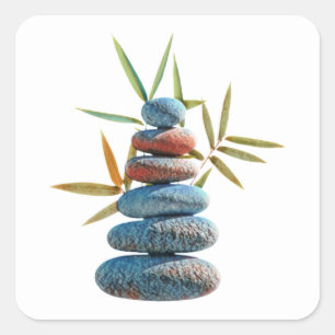 Sticker Carré Pierres zen empilées en équilibre avec feuilles en