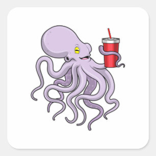 Sticker Carré Pieuvre avec tasse à boire