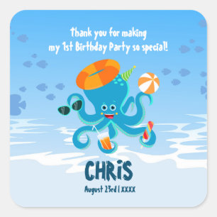 Sticker Carré Pieuvre bleue sous la mer Boy fête d'anniversaire
