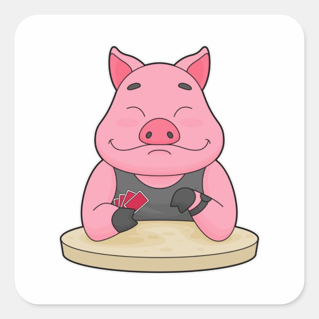 Sticker Carré Pig au Poker avec cartes de Poker (Devant)