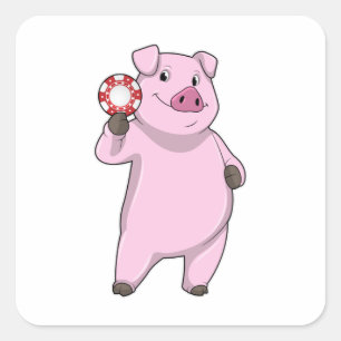 Sticker Carré Pig au Poker avec des jetons de Poker