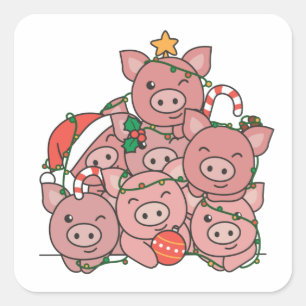 Sticker Carré Pig Christmas Tree Funny Animal Christmas