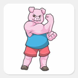 Sticker Carré Pig comme Bodybuilder avec grand bras Supérieur