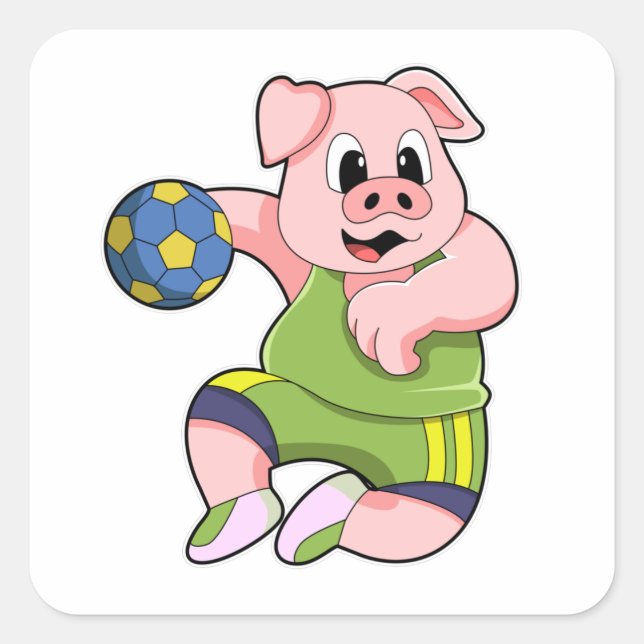 Sticker Carré Pig en tant que joueur de handball avec Handball (Devant)