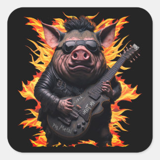 Sticker Carré Pig Metal Guitare I Jambon Rock et Roll Musicien H