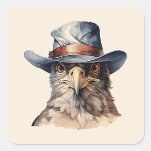Sticker Carré pigeon drôle portant un casquette cowboy, aquarell