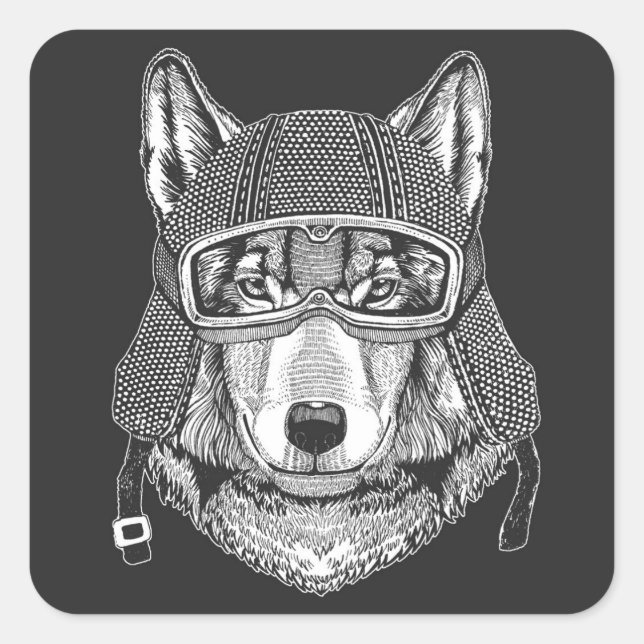 Sticker Carré Pilote de motocyclette Wolf Dog (Devant)