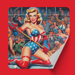 Sticker Carré Pin-up de hockey rétro