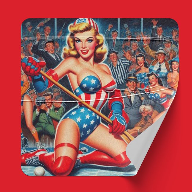 Sticker Carré Pin-up de hockey rétro (Créateur téléchargé)