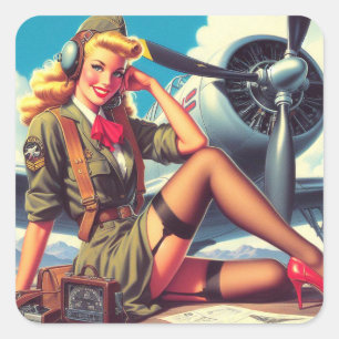 Sticker Carré Pin-up de l'avion vintage