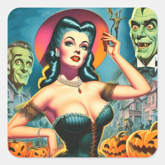 Sticker Carré Pin-up Halloween vintage (Devant)