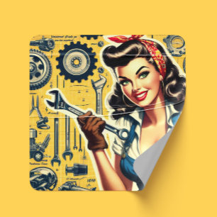 Sticker Carré Pin-up Mécanicien Vintage