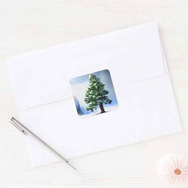 Sticker Carré Pine Arbre avec Aquarelle de neige Peinture Noël (Enveloppe)