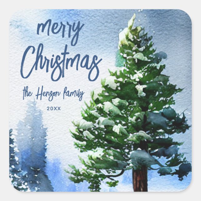 Sticker Carré Pine Arbre avec Aquarelle de neige Peinture Noël (Devant)