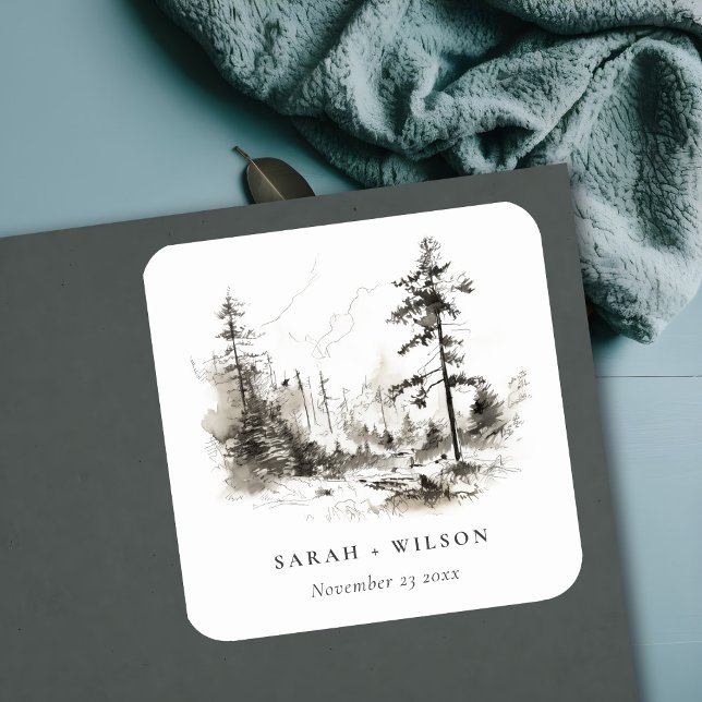 Sticker Carré Pine Woods Mountain Paysage Mariage de croquis (Créateur téléchargé)