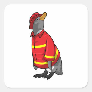 Sticker Carré Pingouin as Firefighter with Helmet