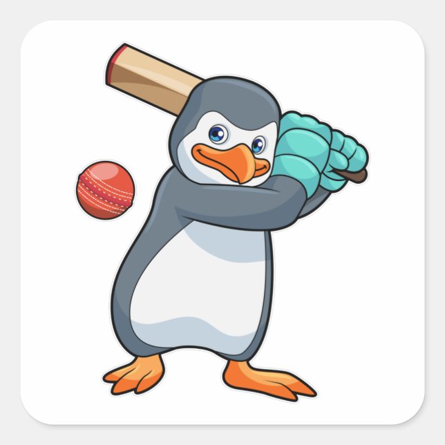 Sticker Carré Pingouin au cricket avec chauve-souris de cricket (Devant)