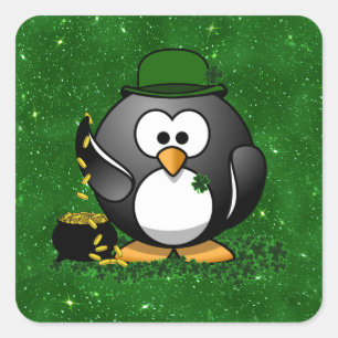 Sticker Carré Pingouin chanceux de la Saint-Patrick avec Pot of 