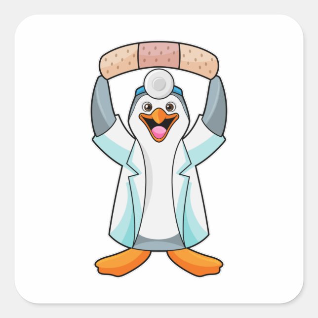 Sticker Carré Pingouin comme docteur avec plâtre (Devant)