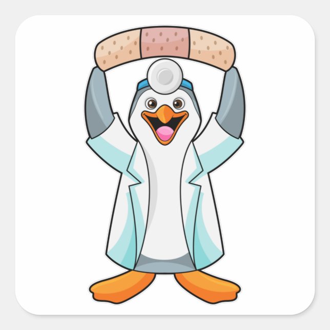 Sticker Carré Pingouin comme docteur avec plâtre (Devant)