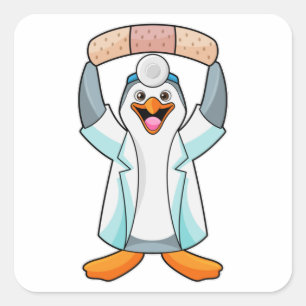 Sticker Carré Pingouin comme docteur avec plâtre