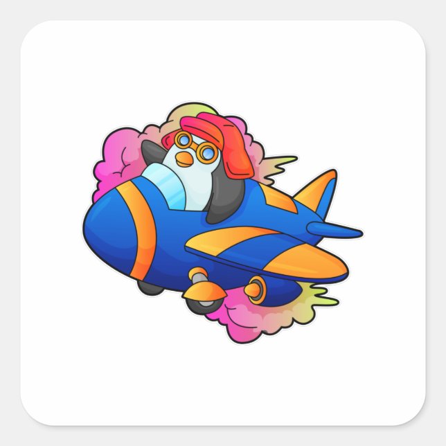 Sticker Carré Pingouin comme pilote avec avion (Devant)