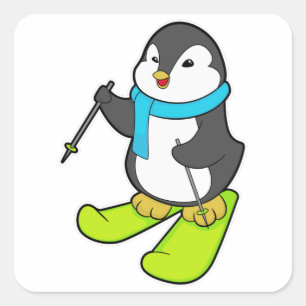 Sticker Carré Pingouin comme skieur avec ski