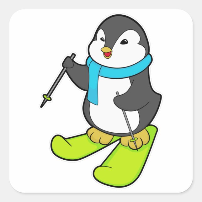 Sticker Carré Pingouin comme skieur avec ski (Devant)