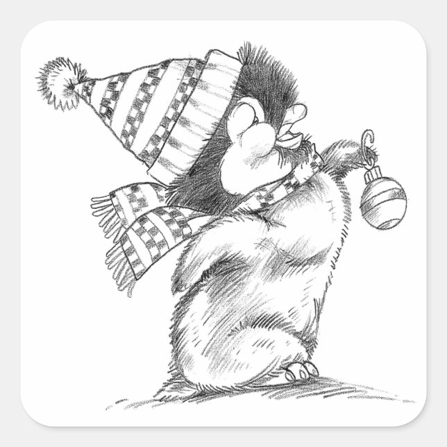 Sticker Carré Pingouin de Noël rétro mignon avec Casquette et Éc (Devant)