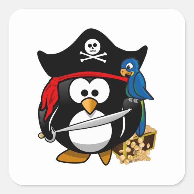 Sticker Carré Pingouin de pirate mignon avec coffre au trésor (Devant)