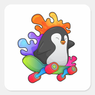 Sticker Carré Pingouin en patinage avec skateboard