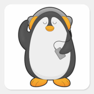 Sticker Carré Pingouin et téléphone mobile avec casque