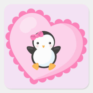 Sticker Carré Pingouin fille mignonne dans un grand coeur rose c