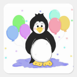 Sticker Carré Pingouin mignon avec ballons de fête