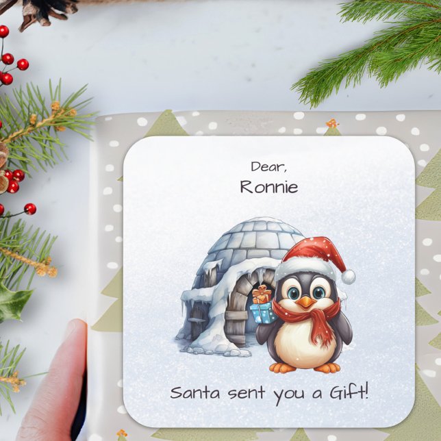 Sticker Carré Pingouin mignon Santa Hat Snowflakes Enfants Noël (Créateur téléchargé)