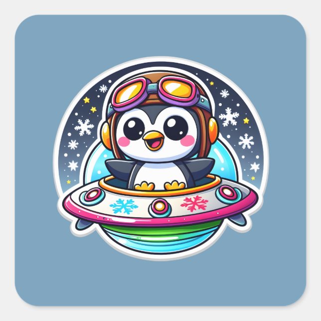 Sticker Carré Pingouin mignon UFO (Devant)