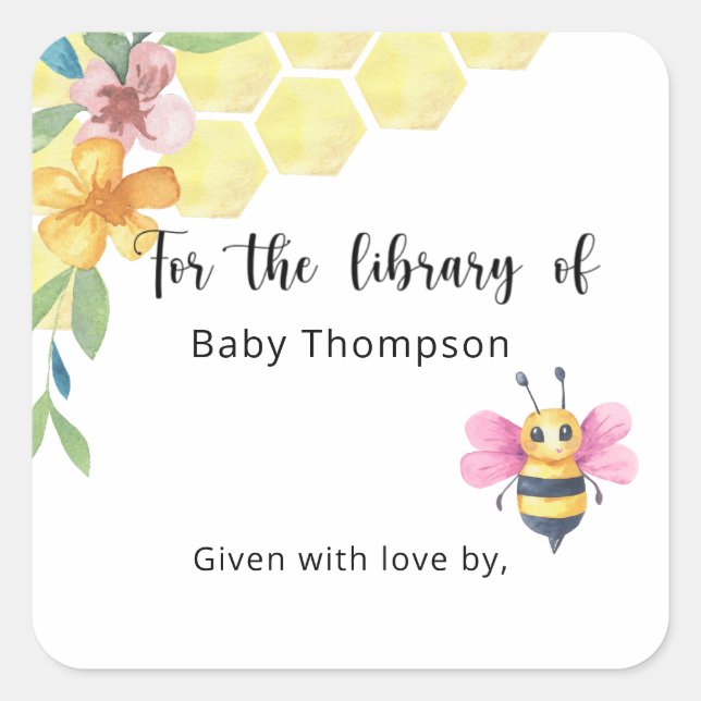 Sticker Carré Pink Bee - Baby Shower bookplate, books for baby (Devant)
