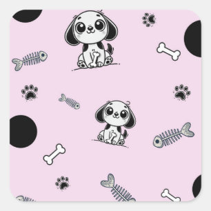Sticker Carré Pink & Black Fish Bones Chien Chien Chien Chien Ch