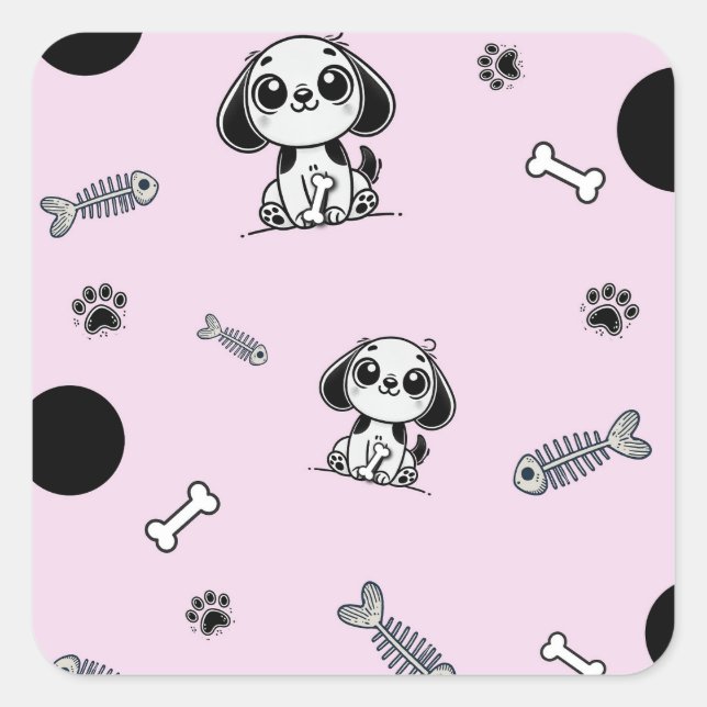 Sticker Carré Pink & Black Fish Bones Chien Chien Chien Chien Ch (Devant)