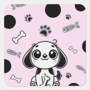 Sticker Carré Pink & Black Fish Bones Chien Chien Chien Chien Ch
