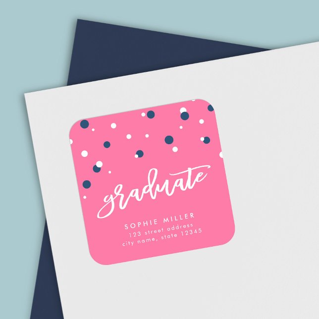 Sticker Carré Pink Blue Confetti Graduate Adresse de retour (Créateur téléchargé)