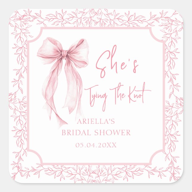 Sticker Carré Pink Bow Elle Tying The Knot Fête des mariées (Devant)