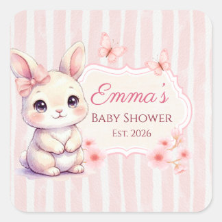 Sticker Carré Pink Bunny Girl Watercolor Stripes Baby Shower