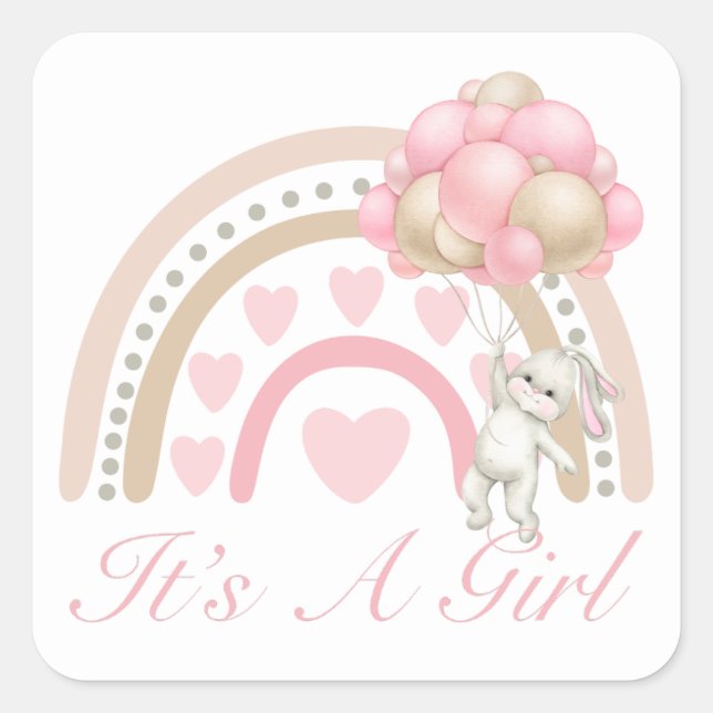Sticker Carré Pink C’est une fille Baby shower arc-en-ciel (Devant)