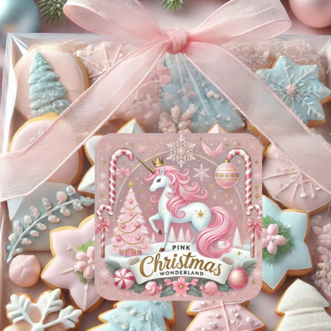 Sticker Carré Pink Christmas Wonderland Unicorn (Créateur téléchargé)